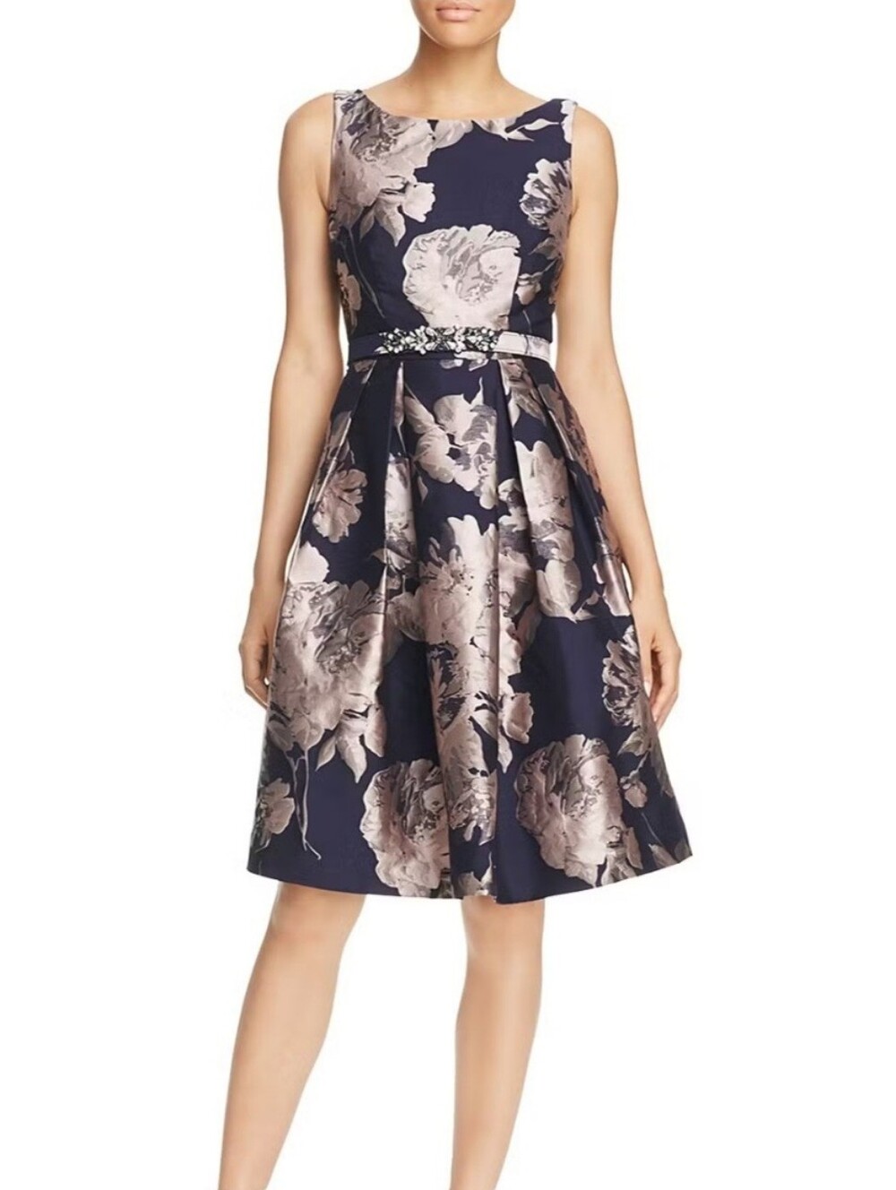 Eliza J Cocktail Dress, Women Size 14, Sleeveless, Sateen Brocade Roses Jewels